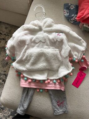 Betsey Johnson White Hooded Pom-Pom Poncho with Pink & Teal Accents